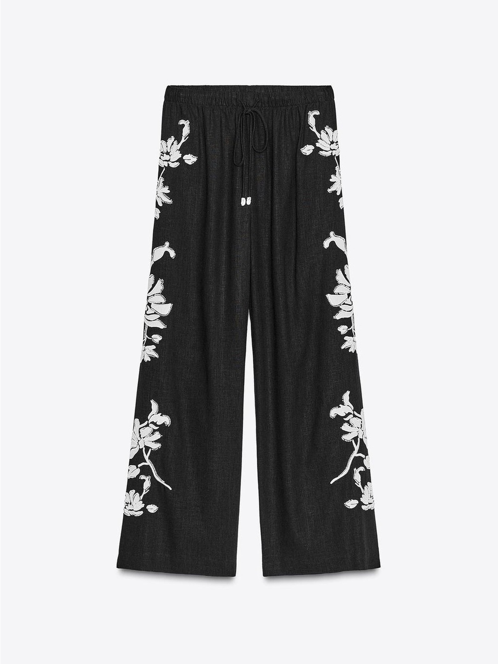 Zara Black Wide-Leg Pants with White Floral Embroidery